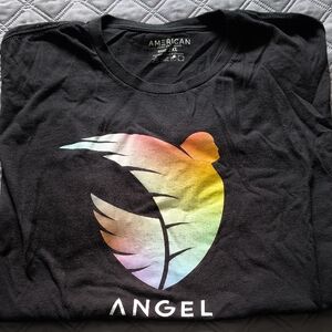 Angel Graphic Black Tee with Rainbow Feather Logo